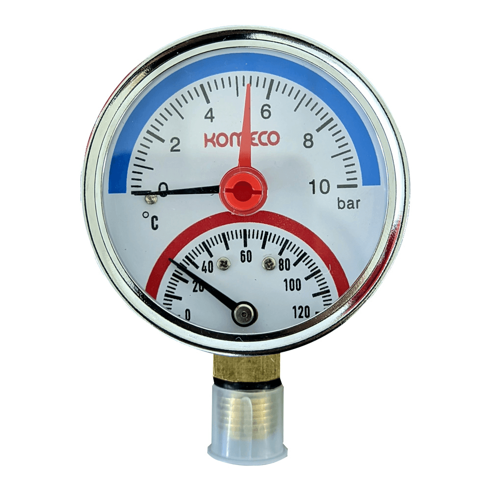 Manometro Temperatura E Pressione Per Caldaia E Riscaldamento A Pavimento - 0-120°C, 0-10 Bar, Filettatura G1/2, Diametro 60 Mm